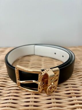 Michael Kors Reversible Leather Belt Black White Gold Buckle Size L NWT